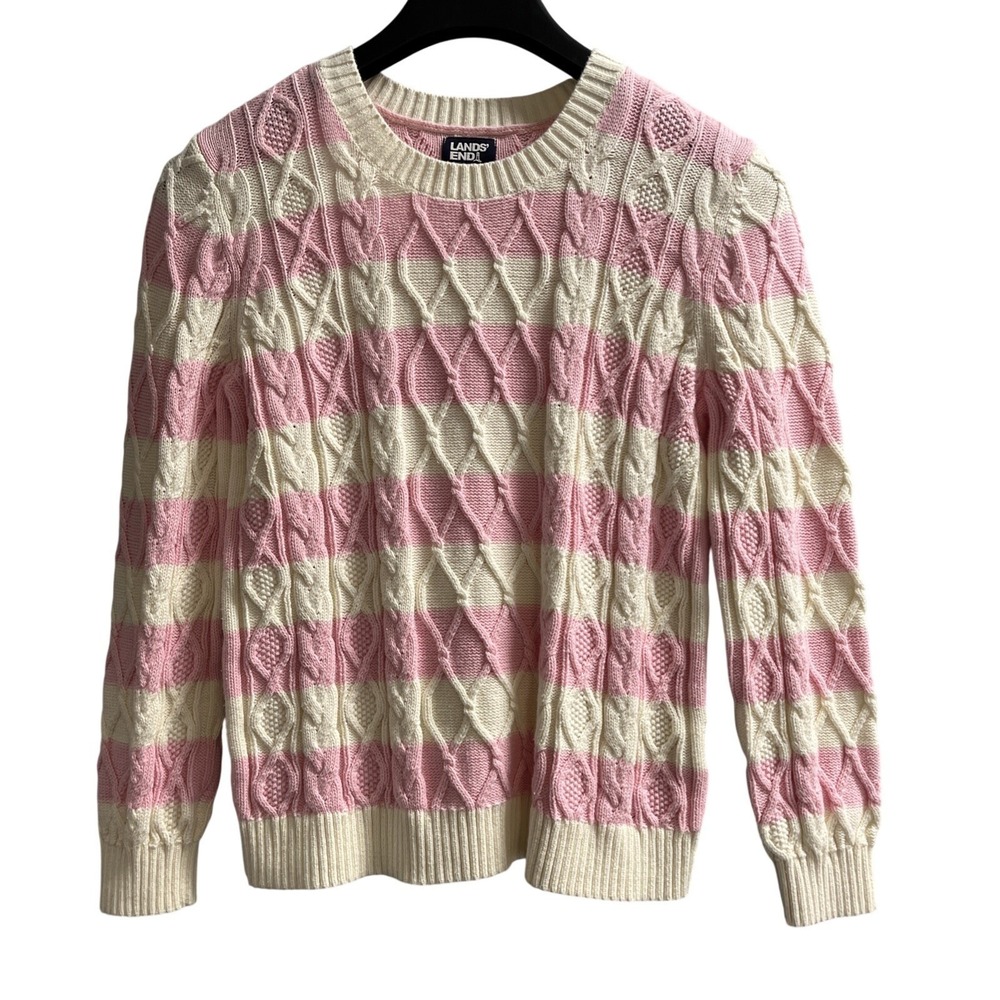 Lands End Drifter Sweater Pink White Stripe Cable Neck Size MP Chunky Knit Prep
